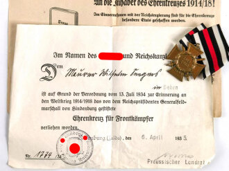 Ehrenkreuz für Frontkämpfer mit Urkunde und...