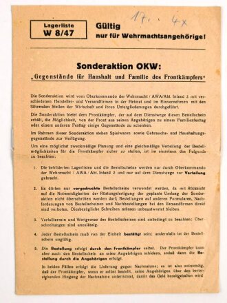 Lagerliste Sonderaktion vom Oberkommando der Wehrmacht, Gegenstände für Haushalt und Familie des Frontkämpfers. Achtseitig