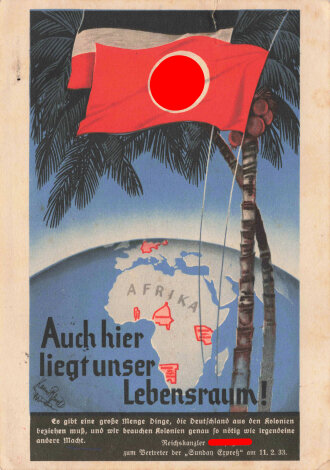 Ansichtskarte "Auch hier liegt unser Lebensraum!" eingerissen, gelaufen 1935