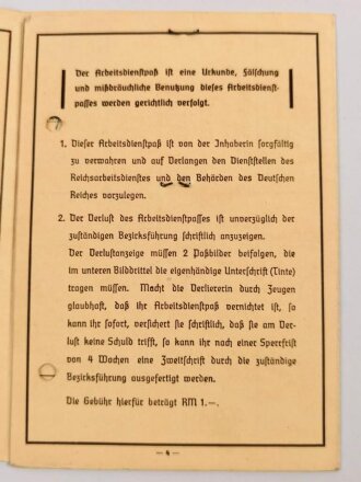 RAD Reichsarbeitsdienst, Arbeitsdienst für die weibliche Jugend, Arbeitsdienstpaß (Arbeitsdienstzeugnis) , ausgestellt 1936