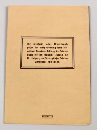 RAD Reichsarbeitsdienst, Arbeitsdienst für die weibliche Jugend, Arbeitsdienstpaß (Arbeitsdienstzeugnis) , ausgestellt 1936