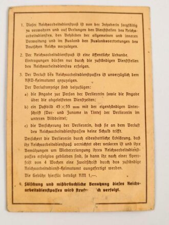 RAD Reichsarbeitsdienst, Arbeitsdienst für die weibliche Jugend, Arbeitsdienstpaß (Arbeitsdienstzeugnis) , ausgestellt 1943 auf eine Frau aus Einöd Kreis Homburg, dazu die Kennkarte