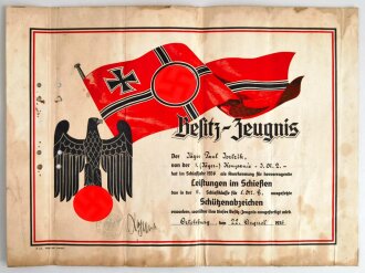 Bestz-Zeugnis für ein Schützenabzeichen eines Angehörigen der 1. Jäger Kompanie im Infanterie Regiment 2 , datiert 1936, dafekt, Maße 30 x 42cm