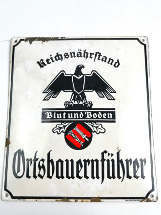 Emailschild Reichsnährstand "Ortsbauernführer " Maße 35 x 39cm. An den Ecken leicht beschädigt, sonst guter Zustand. Originales Schild aus alter Sammlung