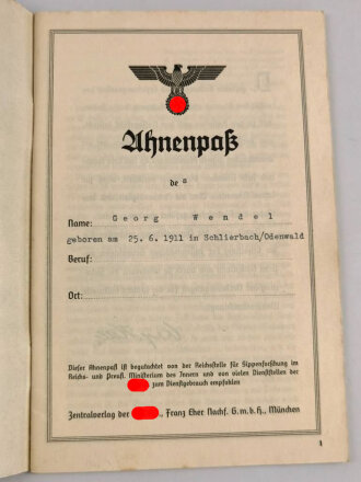 Ahnenpaß eines Mannes aus Schlierbach/Odenwald, DIN A5