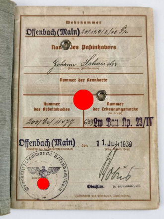 Wehrpaß Heer, ausgestellt 6.10.39 bei Flakregiment...