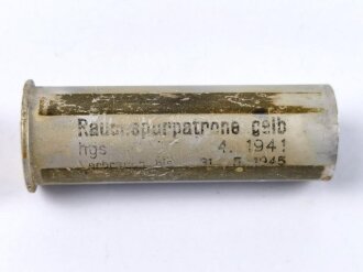 Rauchspurpatrone gelb  , Abgeschossene, leere Aluminiumhülse, datiert 1941