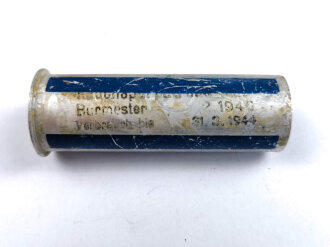 Rauchspurpatrone blau  , Abgeschossene, leere Aluminiumhülse, datiert 1940