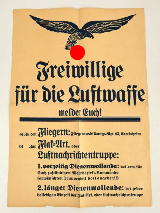 Plakat Luftwaffe "Freiwillige für die Luftwaffe meldet Euch!"  Maße: 60 x 42 cm, gefaltet kleine Einrisse unten