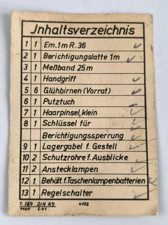 Inhaltsverzeichnis für den Transportkasten zum Entfernungsmesser 36 der Wehrmacht, 76 x 105mm