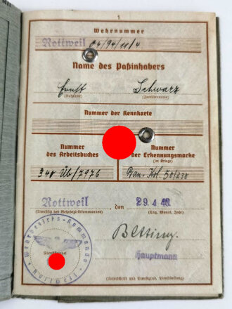 Wehrpaß Heer, ausgestellt 15.10.1940 bei Bau Ersatz...