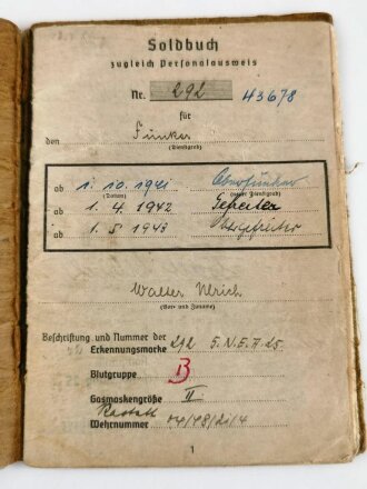 Soldbuch Heer, ausgestellt am 15.März 1941 bei...