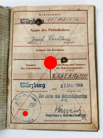 Wehrpaß Heer, ausgestellt am 1.5.1941 bei 2./...