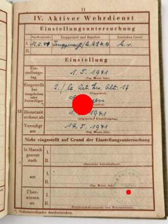 Wehrpaß Heer, ausgestellt am 1.5.1941 bei 2./ leichte Artillerie Ersatz Abteilung 17 Erlangen