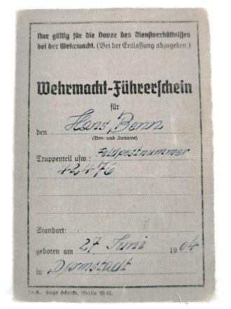 Wehrmacht - Führerschein eines Angehörigen Feldpostnummer 42476, ausgestellt bei Infanterie Panzerjäger Ersatz Kompanie Darmstadt 1942