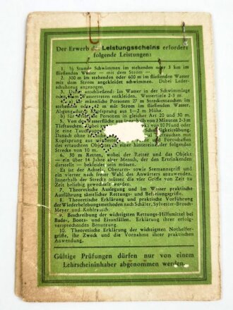 DLRG Grundschein für einen Gefreiten im Artillerie Regiment 41, ausgestellt 1936, Uniformfoto