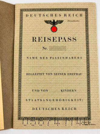 Deutsches Reich, Reisepass, blanko, mit Merkblatt für Reisen in das Ausland