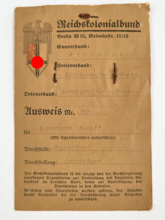 Ausweis Reichskolonialbund eines Angehörigen aus dem Kreis Westmark, Ludwigshafen datiert 1941. Geburtsort Montevideo Uruguay