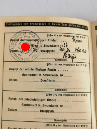 Deutsche Arbeitsfront Mitgliedsbuch eine Angehörigen aus dem Gau Westfalen-Süd, datiert 1935