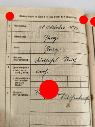 Arbeitsbuch für eines Prokurist bei einer Versicherung in Reichenberg, datiert 1942