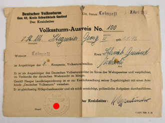 Volkssturm - Ausweis, Deutscher Volkssturm Gau 42 Kreis Schwäbisch Gmünd, datiert 1945, stark gebraucht