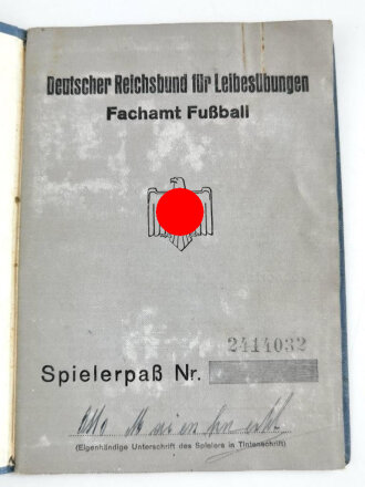 Deutscher Reichsbund für Leibesübungen, Fachamt Fussball, Gau Baden, Spielerpaß datiert 1937