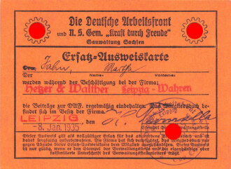 Die Deutsche Arbeitsfront, Gau Sachsen, Ersatz-Ausweiskarte für einen Beschäftigten der Firma Hetzer & Walther Leipzig-Wahren, datiert 1935