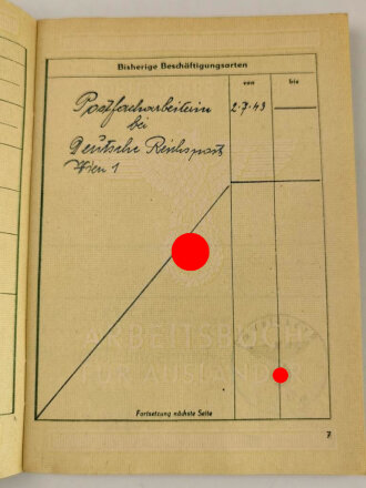 Arbeitsbuch für Ausländer einer Frau ungeklärter Herkunft ( Ostarbeiterin ) die als Postarbeiterin beim Lager ausländischer Arbeiter der Deutschen Reichspost Wien arbeitete, datiert 1944