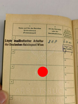 Arbeitsbuch für Ausländer einer Frau ungeklärter Herkunft ( Ostarbeiterin ) die als Postarbeiterin beim Lager ausländischer Arbeiter der Deutschen Reichspost Wien arbeitete, datiert 1944