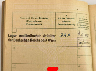 Arbeitsbuch für Ausländer eines Mannes aus Frankreich der als Postarbeiter beim Lager ausländischer Arbeiter der Deutschen Reichspost Wien arbeitete, datiert 1944