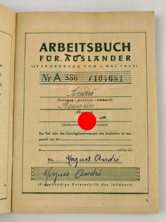 Arbeitsbuch für Ausländer eines Mannes aus Frankreich der als Postarbeiter beim Lager ausländischer Arbeiter der Deutschen Reichspost Wien arbeitete, datiert 1944