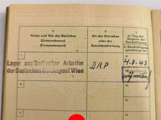 Arbeitsbuch für Ausländer eines Mannes aus Frankreich der als Postarbeiter beim Lager ausländischer Arbeiter der Deutschen Reichspost Wien arbeitete, datiert 1944