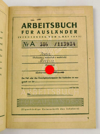 Arbeitsbuch für Ausländer eines Mannes aus Frankreich der als Postarbeiter beim Lager ausländischer Arbeiter der Deutschen Reichspost Wien arbeitete, datiert 1944