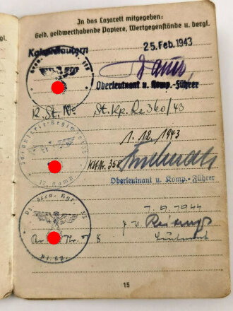 Soldbuch Heer, ausgestellt 17.2.43 bei Stamm .Kp. Gren. Ers. Btl ( mot) 118 als Grenadier