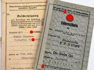 SS Führerschein für Halbkettenfahrzeuge bis 10 Tonnen, ausgestellt am 8.1.44, dazu Ausbildungserlaubnis für Kraftfahrzeugführer vom 12.1.44 sowie in Teilen erhaltene Beförderungsurkunde bei SS Geb-Jg.Rgt. 27 "H" vom 14.April 1945