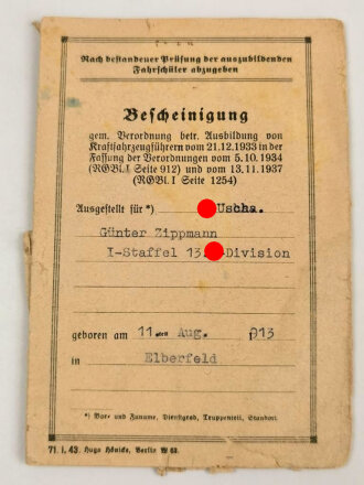 SS Führerschein für Halbkettenfahrzeuge bis 10 Tonnen, ausgestellt am 8.1.44, dazu Ausbildungserlaubnis für Kraftfahrzeugführer vom 12.1.44 sowie in Teilen erhaltene Beförderungsurkunde bei SS Geb-Jg.Rgt. 27 "H" vom 14.April 1945