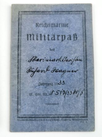 Reichsmarine Militärpaß, ausgestellt...