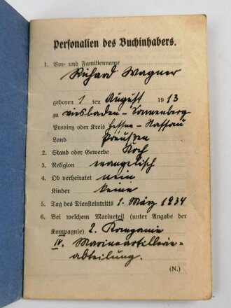 Reichsmarine Militärpaß, ausgestellt 1.März 1934 bei 2.Kompanie Marineartillerieabteilung