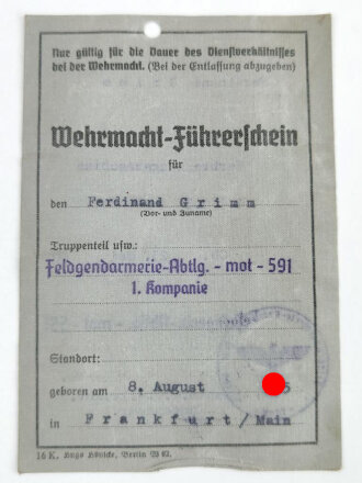 Soldbuch Heer, ausgestellt  28.August 1939 bei Feldgendarmerie Abteilung - mot - 591