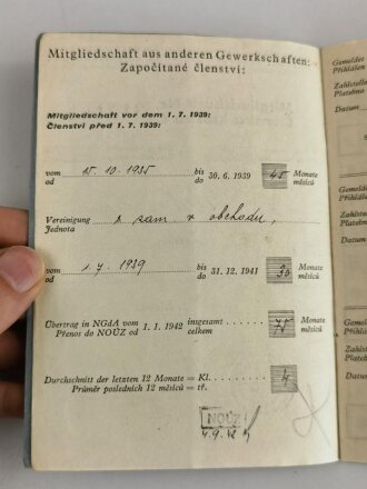 Tschechoslowakei Ausweis " Nationale Gewerkschaftszentrale der Arbeitnehmer"  ausgestellt 1942