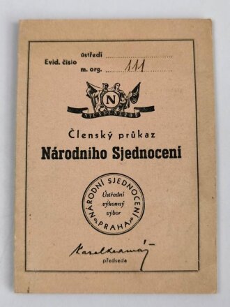 Tschechoslowakei , Mitgliedsausweis " Narodniho Sjednoceni" ( Partei ) datiert 1937