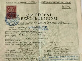 Tschechoslowakei , Bescheinigung über die Staatsbürgerschaft der Cechoslovakischen Republik, ausgestellt 1937