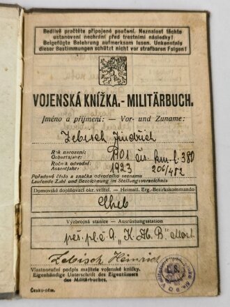 Tschechoslowakei  "Militärbuch" ausgestellt 1923