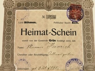 Land Böhmen, " Heimat schein der Gemeinde Grün" ausgestellt 1921