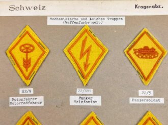 Schweiz, Sammlung Spezialistenabzeichen / Kragenabzeichen der Schweizer Armee " Mechanisierte und leichte Truppen ", auf Karton angetackert