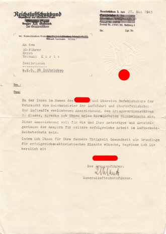 Reichsluftschutzbund Gruppe Saar Westmark, Glückwunschschreiben zum Kriegsverdienstkreuz 2. Klasse, datiert 1943, DIN A4, eigenhändige Unterschrift Generalluftschutzführer