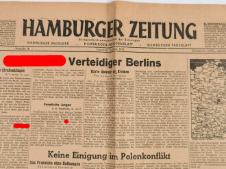 Hamburger Zeitung, Nr 95 Ausgabe A vom 24. April 1945, "Adolf Hilter Verteidiger Berlins" verschnitten, 1 Seite