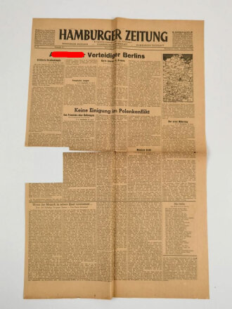 Hamburger Zeitung, Nr 95 Ausgabe A vom 24. April 1945, "Adolf Hilter Verteidiger Berlins" verschnitten, 1 Seite