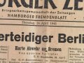 Hamburger Zeitung, Nr 95 Ausgabe A vom 24. April 1945, "Adolf Hilter Verteidiger Berlins" verschnitten, 1 Seite