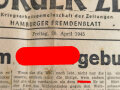 Hamburger Zeitung, Nr 92 vom 20. April 1945, " Dr. Goebbels zum Führergeburtstag" 1 Seite